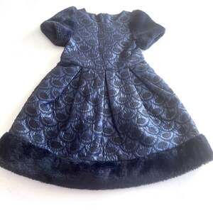 Zanilli girls navy black jacquard faux fur trimmed dress size 4 yrs